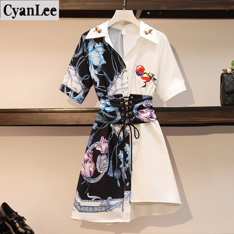 Plus Size Dress Women Summer Retro Printing Irregular Shirt Dresses Lapel Short Sleeve Brid Embroidery Patchwork Vestido | Женская