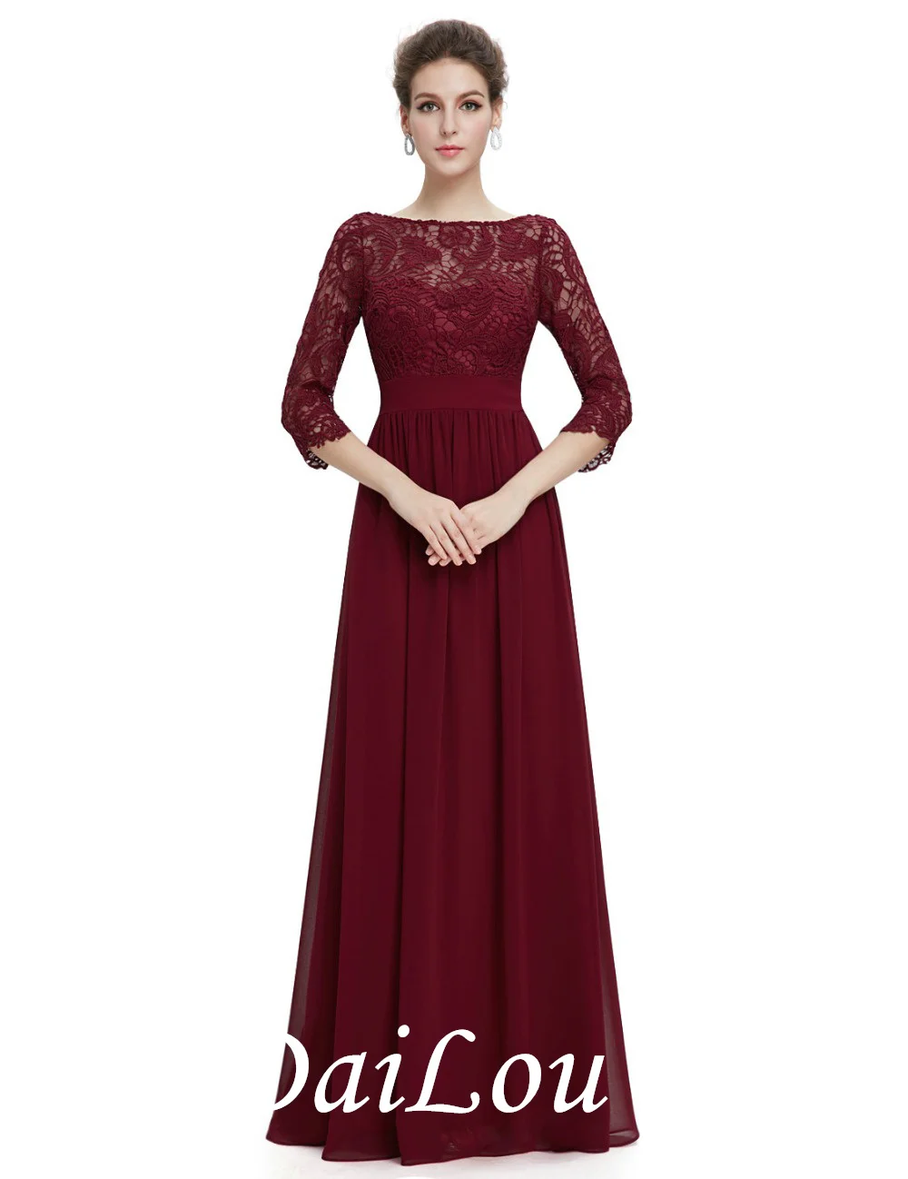 

A-Line 3/4 Length Sleeves Bateau Neck Zipper-Up Mother of the Bride Dress Lace Evening Dress With Chiffon 2021