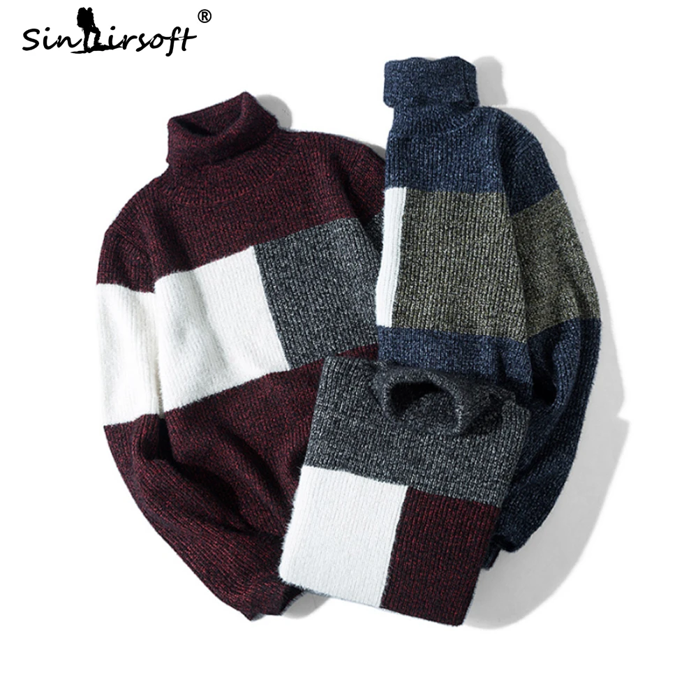 

Men's Casual Sweater Spliced Full-length Turtleneck Pullovers Male Slim Fit Computer Knitted Patchwork Streetwear Tops Clothing
