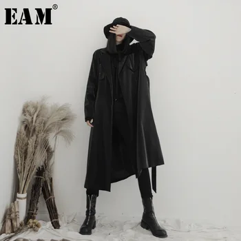 

[EAM] Women Black Bandage Big Size Trench New Lapel Long Sleeve Loose Fit Windbreaker Fashion Tide Spring Autumn 2020 19A-a587