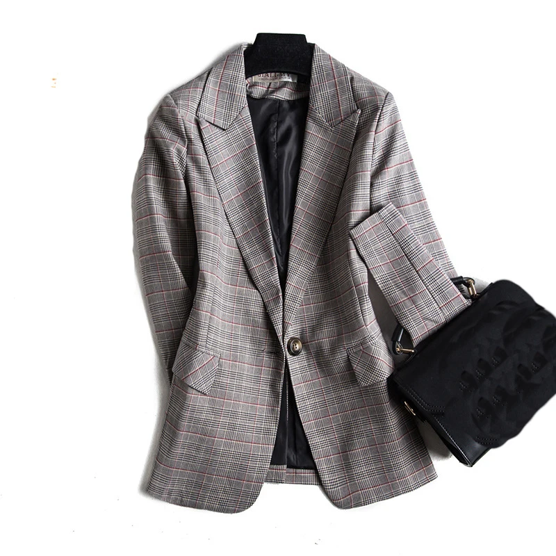

Autumn new slim high quality ladies jacket blazer Temperament one button full sleeve check suit jacket female Office top 2019