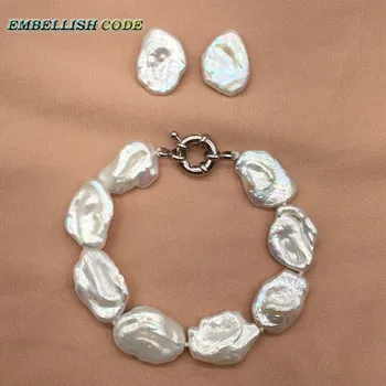 

baroque pearl bracelet Bangles stud earring good Lustrous white color keshi Irregular square shape real freshwater pearls