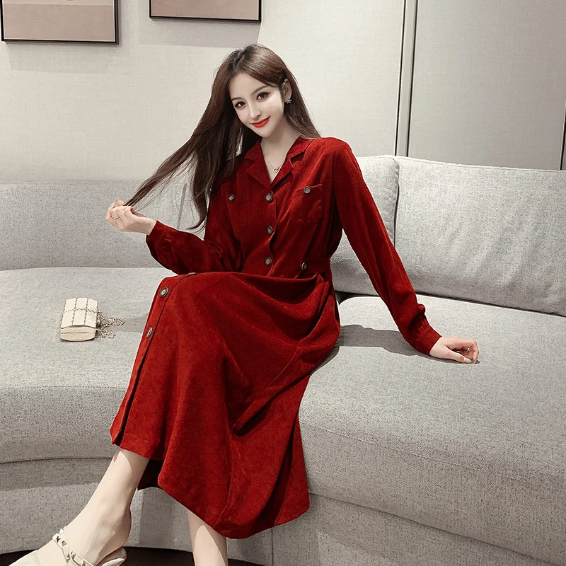 

S-XL Vintage Button Crimson V-Neck Knee-Length Natural Dress 2020 Spring Solid Long Sleeve Elegant Women Bodycon Party Vestidos