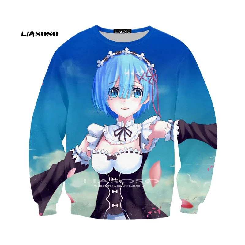 LIASOSO мультфильм аниме Re Zero Rem круглый свитер стиль модные толстовки Топы Прямая красочные плюс размеры S-6XL