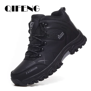

Winter Warm Cotton Shoes Men Outdoor Leather Black Casual Shoes Fur Sneakers High Top Rubber Ankle Boots Male Hiking Trekking 46