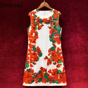 

Svoryxiu 2020 Runway Custom Summer Party Short Dresses Women's luxury Beaded Diamond Red Flower Print Sleeveless Mini Dress