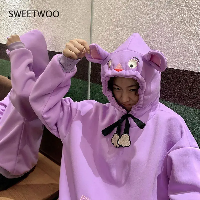 New Hoodies Women Winter Warm Thickening Sweet Cute Hat Long Sleeve Hooded Pullover Korean Loose Women's Tops Sweatshirt Loose