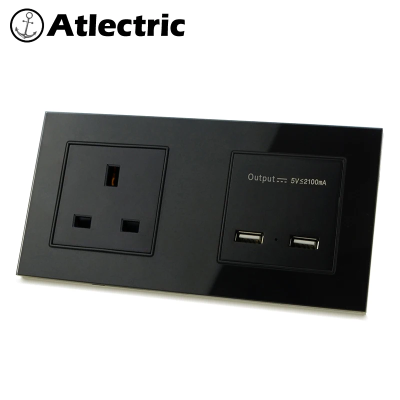 

Atlectric UK Plug Socket Dual USB Charging Port With Indicator Wall Socket Double Power Electrical Outlet Glass Panel
