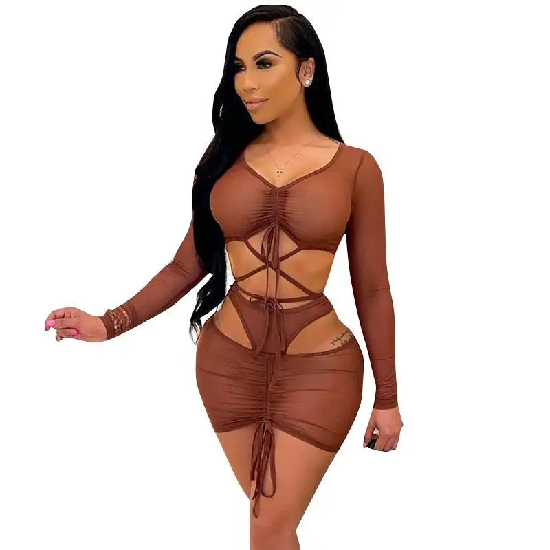 2021 Summer Sexy Sheer Mesh Bandage Dress Sets Club Two Piece Outfits Short Suits Asymmetrical Skirt Matching Sets Female incerun 2023 american style men s sets vacation hollowed mesh short sleeved shirt shorts casual see through two piece sets s 5xl