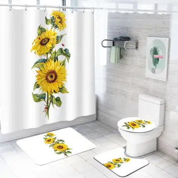 

Big sunflower pattern bathroom sets with Waterproof Polyester Shower Curtain flannel floor mat toilet lid cover U-shaped pad