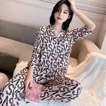 

Spring 2 Piece Pajamas Set for Women Turn-down Collar Button Full Long Sleeve Trousers Ice Silk Homewear Women's Pajamas Suit