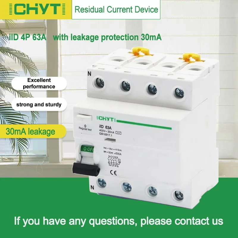 

AC 4P Earth Leakage Circuit Breaker 63A 30mA RCD 380V 400V Residual Current Device Differential Breaker Safety Switch