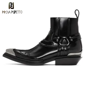 

Prova Perfetto Metal Toe Women Ankle Boots Pointed Toe Botas Mujer Embroidery Strap Leather Boots Punk Motorcycle Booties Women