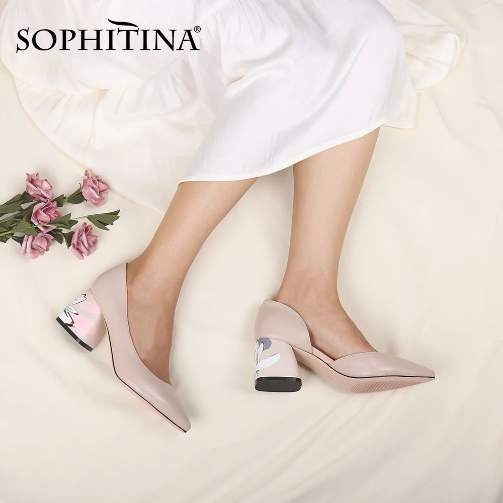 Shallow-Shoes Heeled Wedding-Pumps Flower-Printed Womens Ladies Sheepskin Square Pointed-Toe