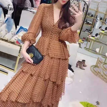 

Ladies Retro Polka Dot Dress V-Neck Lantern Sleeve High Waist Elegant Midi Dress Women Fashion New Clothing Fall 2020