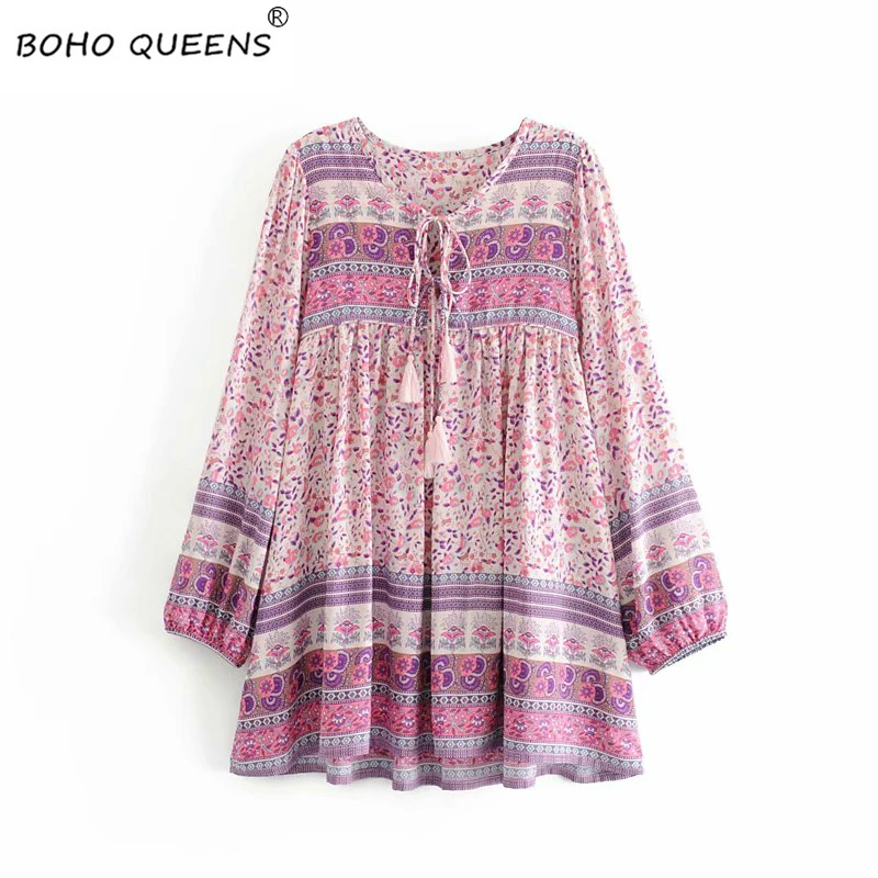 Boho chic happie женское розовое Цветочное платье с длинным рукавом, кисточками и оборками, Пляжное богемное мини-платье, женское Свободное платье с v-образным вырезом, вискозное платье