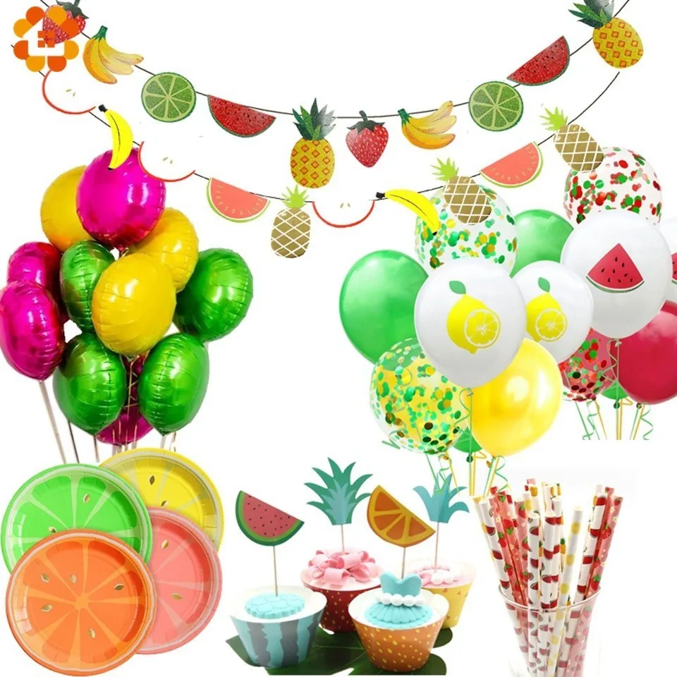 Juego de vajilla desechable con temática de frutas, pancarta de piña/globos, suministros de Decoración de cumpleaños y bodas, Fiesta EN LA Piscina de verano, 1 Juego