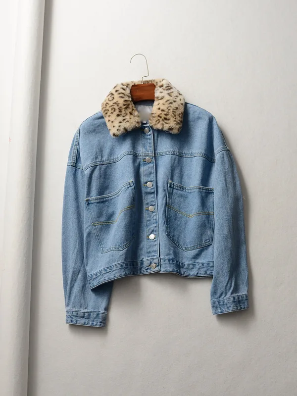 

Jt46 Removable Shoulder Small Leopard Fur Collar Button Open Body Loose-Fit High Waist Cowboy Small Coat