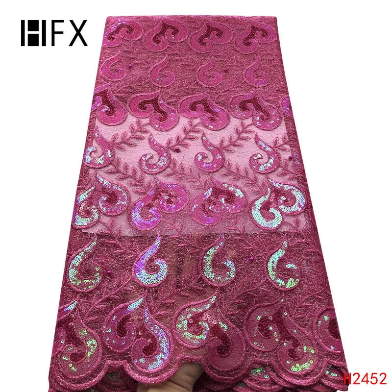 

HFX Magenta sequined African French Mesh Net Lace Fabric For India Evening Party Dress Fabrics 2019 New Nigeria Sequins H2451