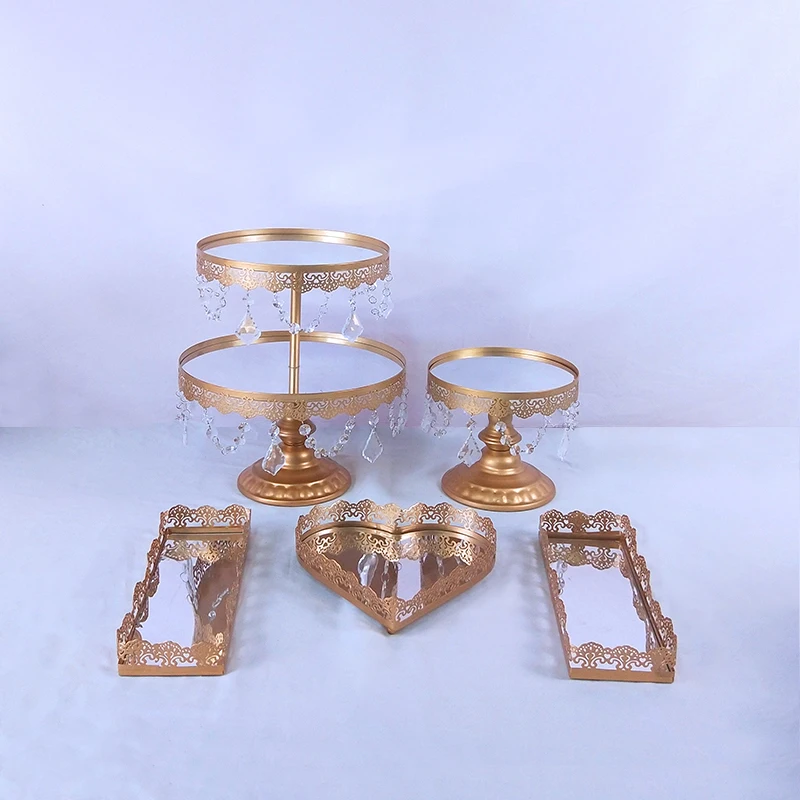 5pc mirror gold Creative European style Crystal Pendant iron Cake stand Wedding props Cake pan Snack stand tray cake decorating - Цвет: Picture color 5pcs