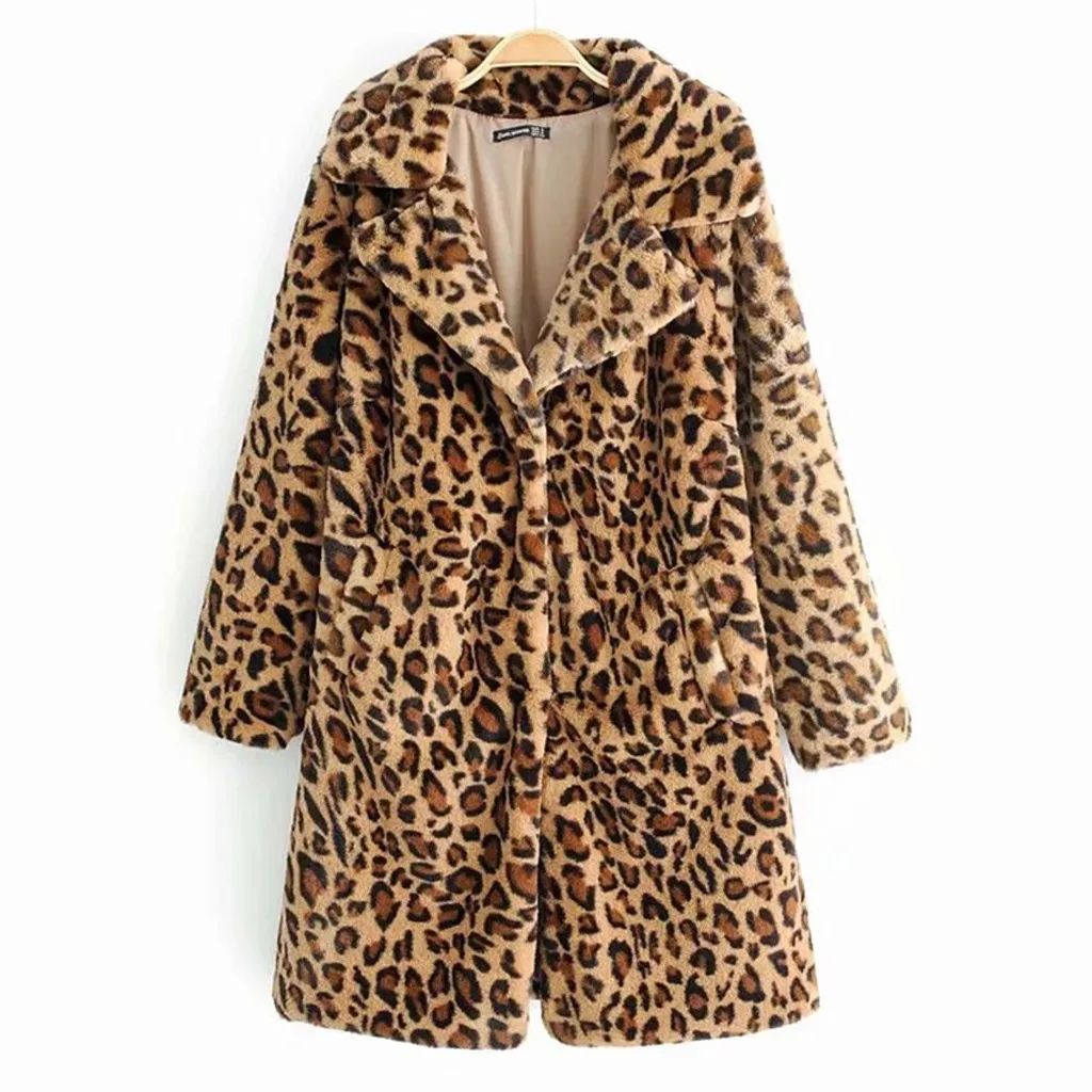 

Winter Women Furry Faux Fur Oversize Coat Long Sleeve Leopard Print Coat Splicing Cardigan Plush Jacket Warm Fleece Outerwear