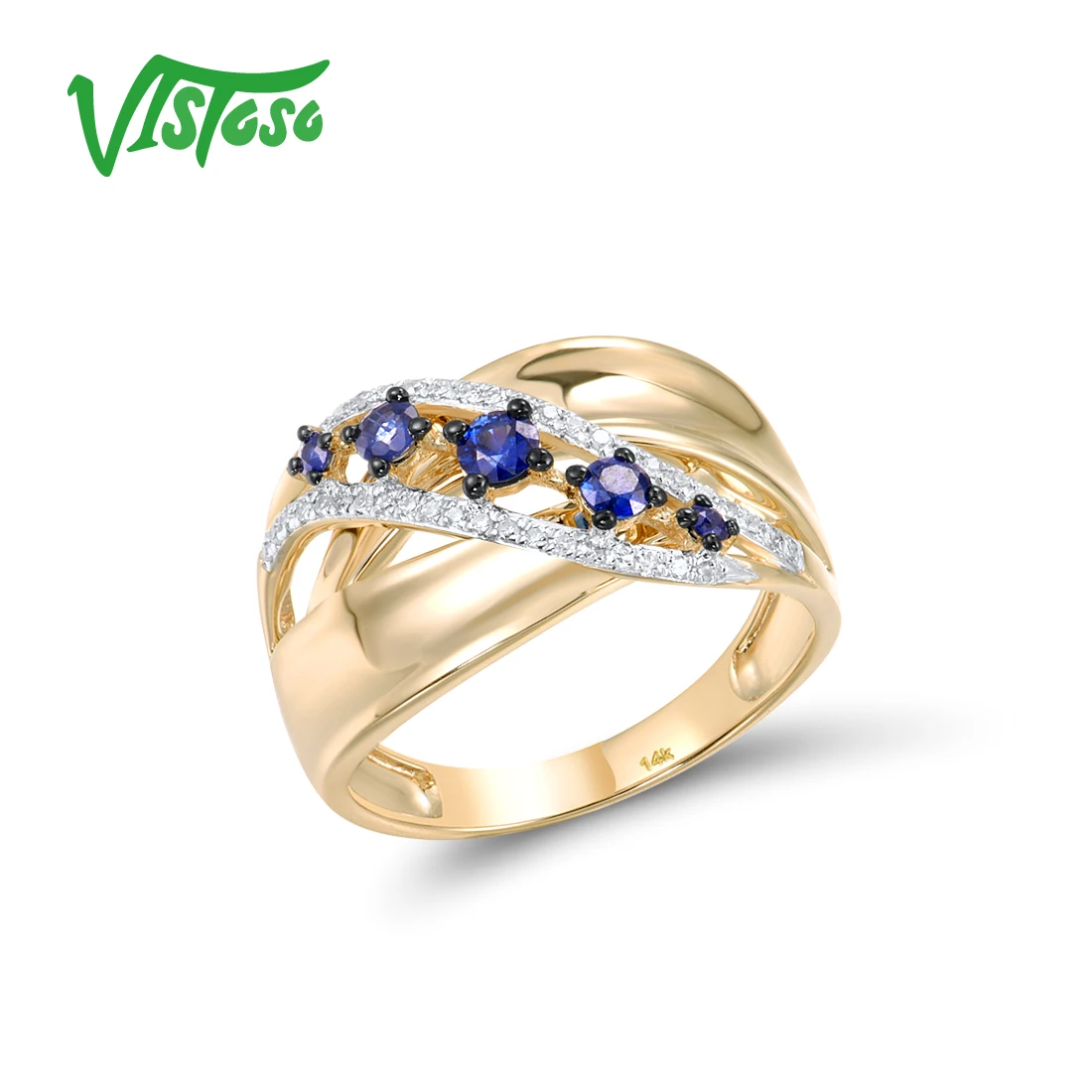 VISTOSO Genuine 14K 585 Yellow Gold Rings For Women Sparkling Blue Sapphire Diamond Wide Band Rings Elegant Fashion Fine Jewelry