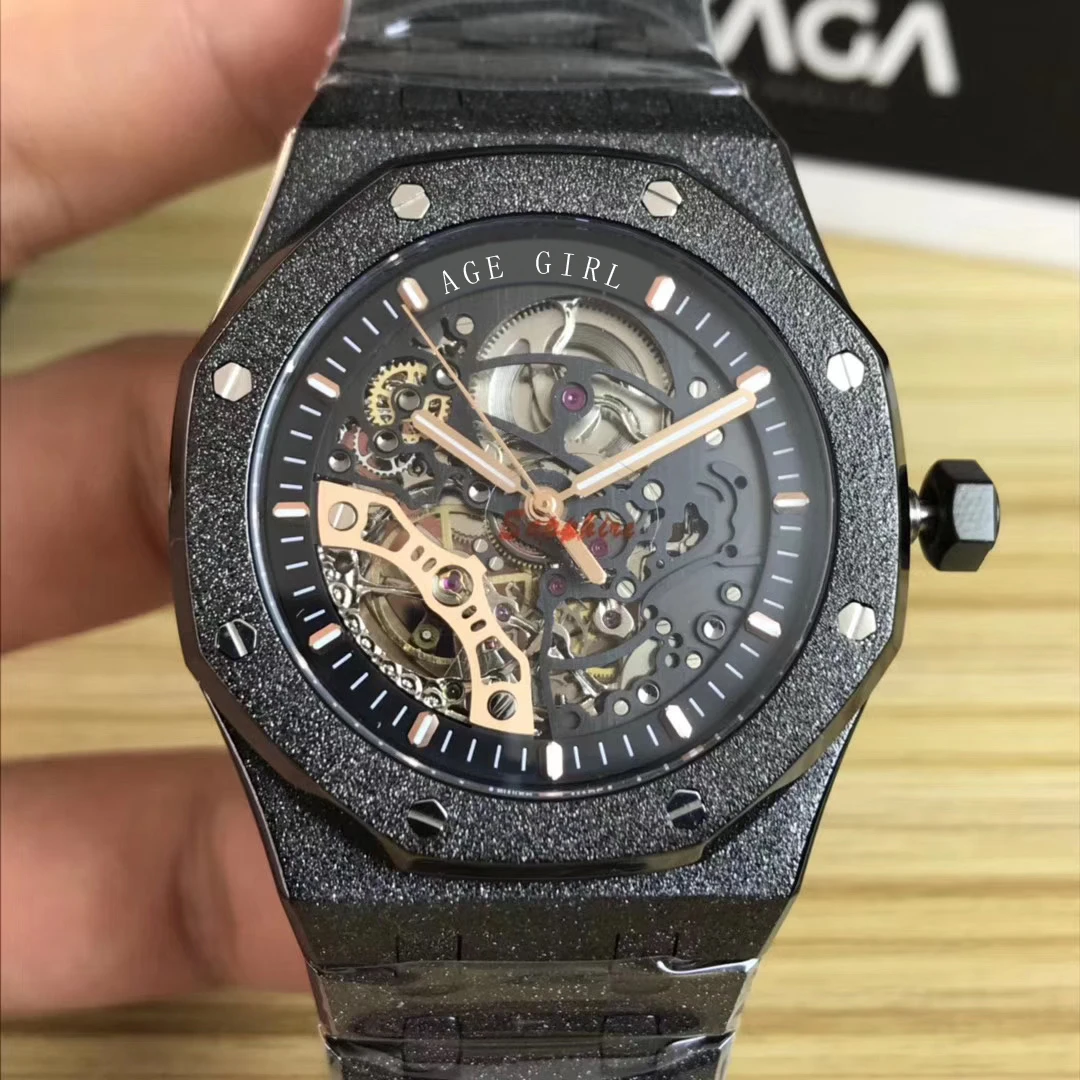 

Luxury Brand Men Automatic Mechanical Stainless Steel Full Black Case Matte Sapphire Watch Tourbillion Skeleton Limited Sports
