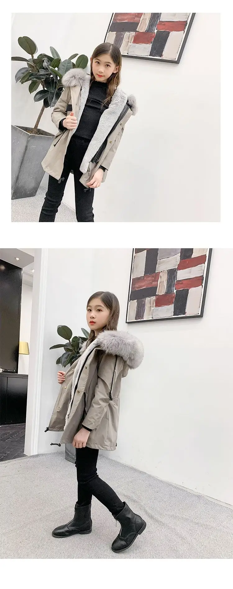 Winter CHildren Girls Faux Fur Liner Parkas Kids Girls Thick Warm Hooded Detachable Jacket Teenage Fashion Long Outwear K39