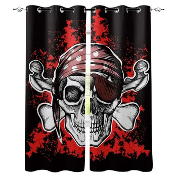 

Skull Bones Blood Pirate Turban Blindfold Window Curtains Cartoon Living Room Kitchen Curtains for Bedroom