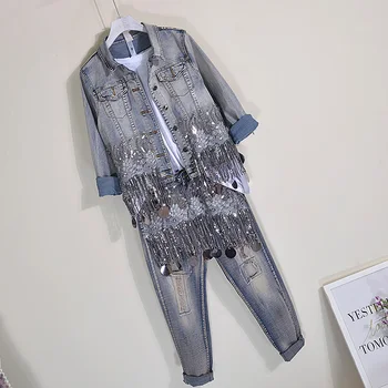 

Two Piece Set Women Spring Autumn New Elasticity Stereo Flower Embroidered Beads Coat + Capri Jeans 2 Piece Sets Denim Jean Sets