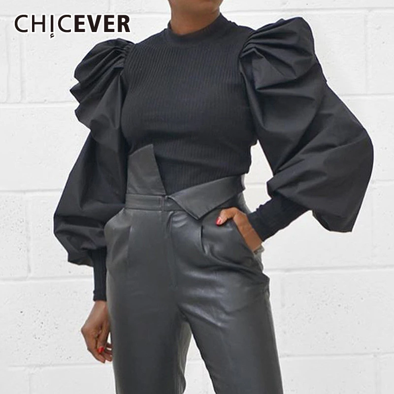 CHICEVER Повседневный лоскутный вязаный Ruched женский свитер с круглым вырезом Фонарь длинный рукав свитер для женщин модная одежда Новинка