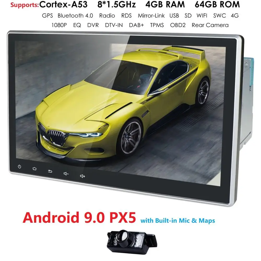10.1 Two Din Android 9.0 Universal Car No-DVD Player Stereo Radio GPS Navigation 4G WIFI Bluetooth