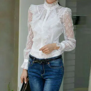 

Stylish See-through Tunic Women's Lace Stiching Blouse 2020 ZANZEA Long Sleeve Ruffle Shirts Female Button Blusas Oversized 7