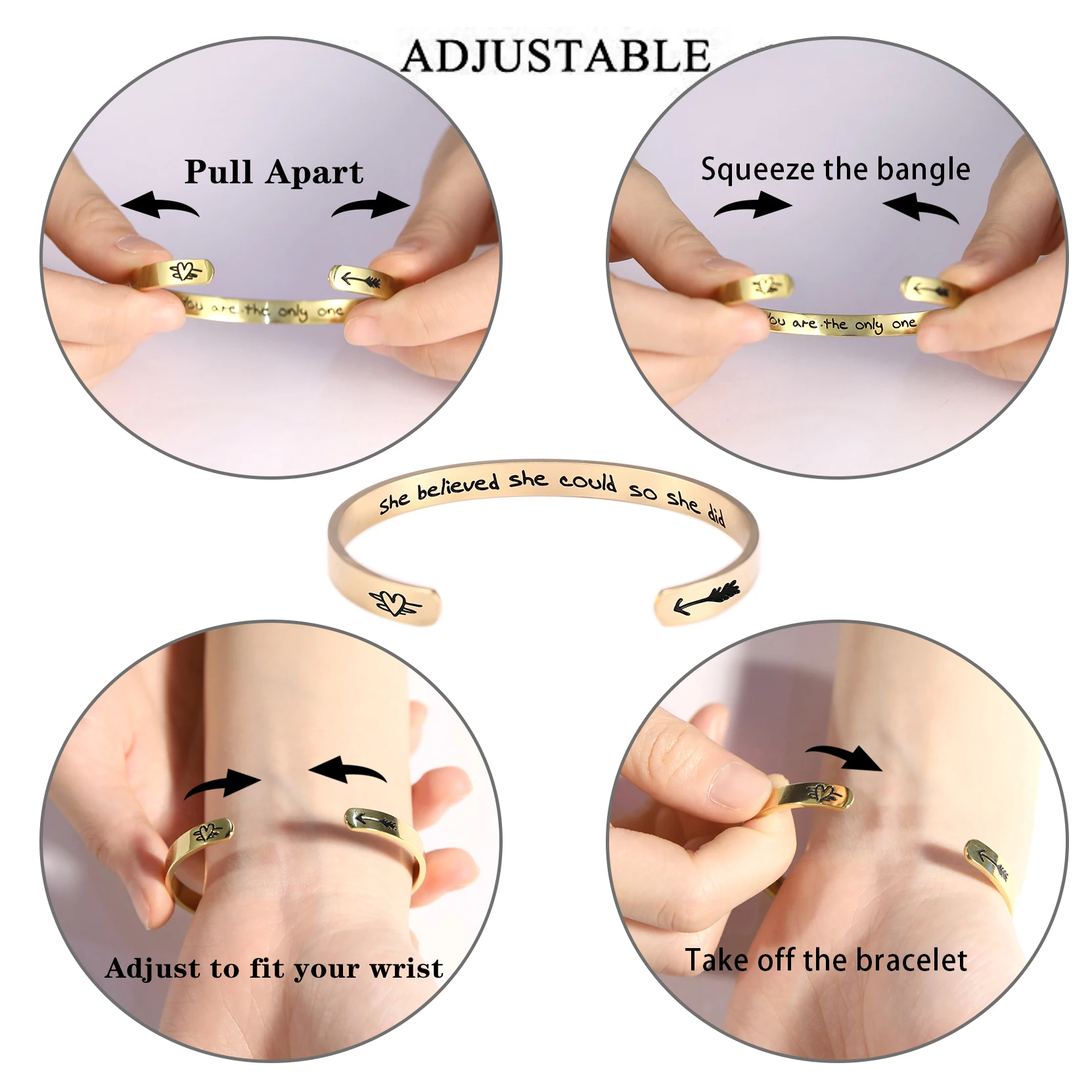 Myshape 316L Stainless Steel Engraved She Believed She Could So She Did 3 Magnets Healthy Magnetic Women Cuff Bangle Jewelry