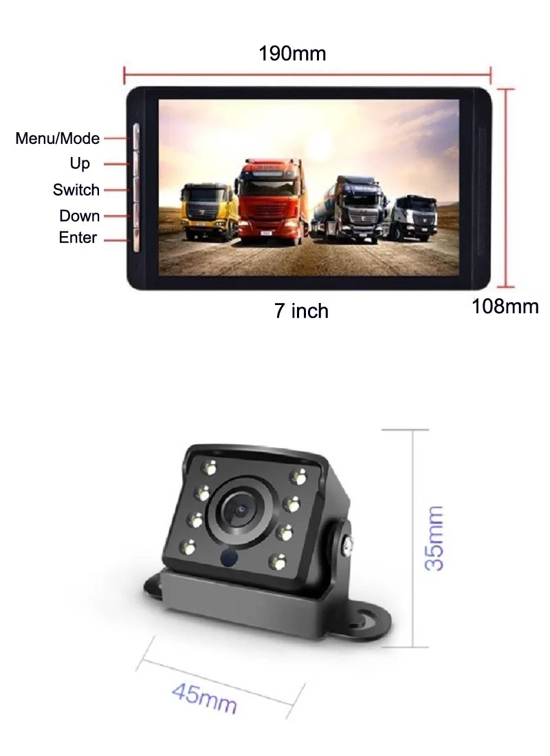Dash камера HD 1024*600 7 дюймов Экран Фронтальная резервная камера резервная DVR Запись для грузового автобуса