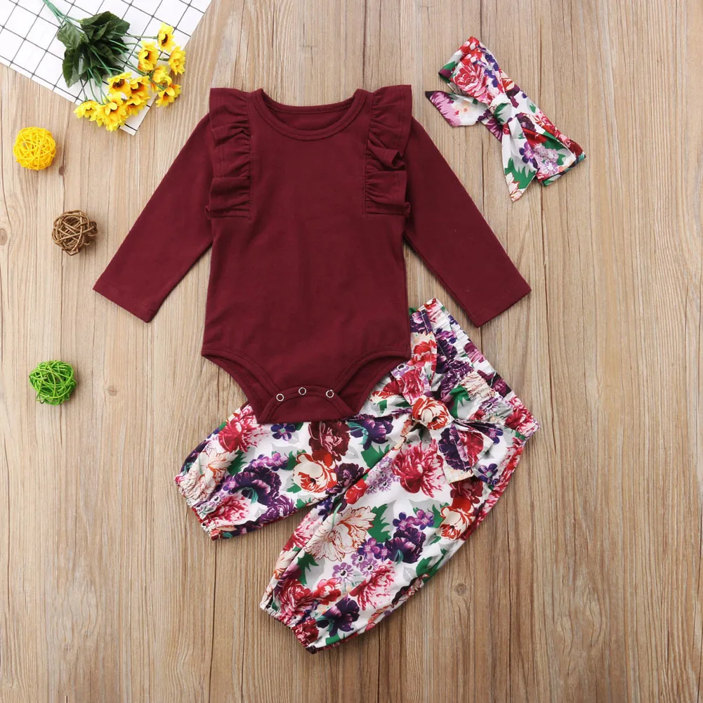 Одежда для новорожденных девочек; комбинезон; топы; штаны с цветочным рисунком; брюки; комплект детской одежды для детей от 0 до 18 месяцев