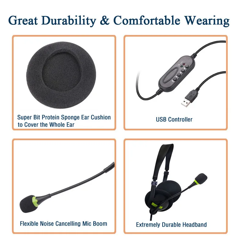 USB Computer Headset Wired Headphones with HD Mic Stereo Official Working Home Gaming Earphones for PC Laptop Mac School Kids