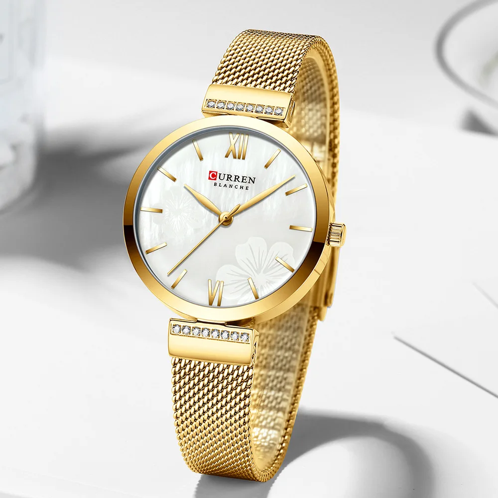 CURREN-Reloj de moda para mujer, pulsera elegante de cuarzo dorado de lujo, de acero inoxidable