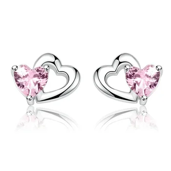 

Double Heart Pink Earrings For Women 925 Sterling Silver Exquisite Stud Earrings Female Fine Jewelry Best Valentine's Day Gift