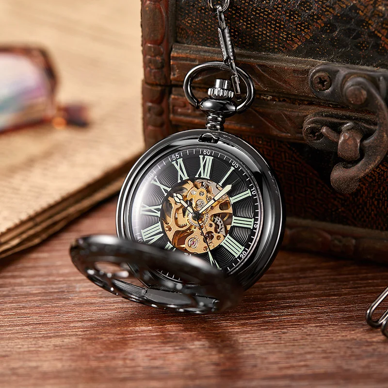 2021 New Black Mechanical Pocket Watch Vintage Pendant Hollow Exquisite Hand-winding Pocket Clock for Unisex  Relogio De Bolso