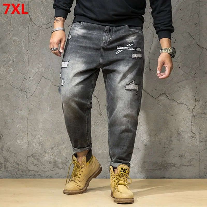 Осенние рваные джинсы большого размера, мужские свободные штаны-шаровары размера плюс с дырками, Брендовые мужские брюки больших размеров 44, 46