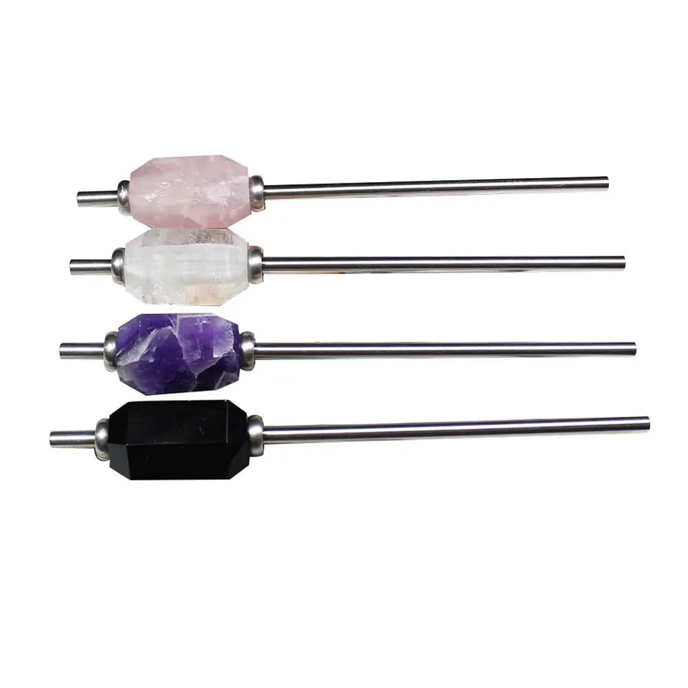 

New Eco-friendly Quartz Clear Crystal Drink Straw Amethyst Obsidian Adjustable Reusable Stainless Steel Straw With Brush