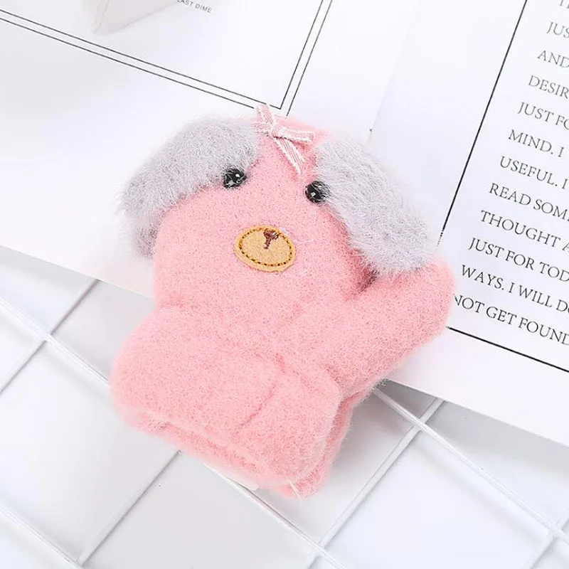 Pink Новинка года; милые перчатки с рисунком щенка для мальчиков и девочек 0-3 лет; вязаные шерстяные детские перчатки из двойного бархата - Цвет: Pink