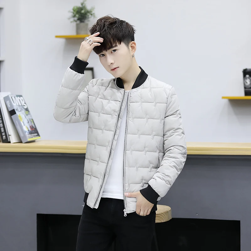 Korean Slim fit jacket men fashion baseball collar padded coats streetwear thicken men short coats jacket clothes male clothing - Цвет: Серый