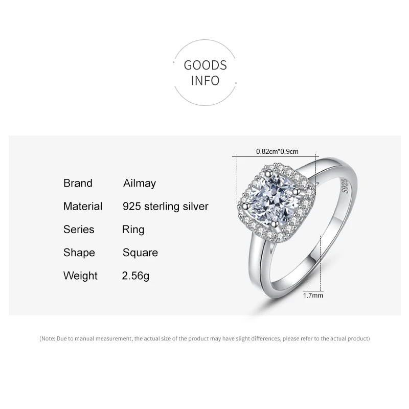 Silver Rings 925 Sterling Silver Simple Square Clear CZ Charm for Women
