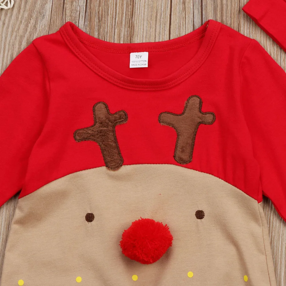 Для новорожденных, для маленьких мальчиков и девочек пижамы на Рождество из 2 предметов, комбинезон с длинными рукавами и шапка, одежда для сна, вечерние костюм, одежда для детей с рисунком оленя осень-зима