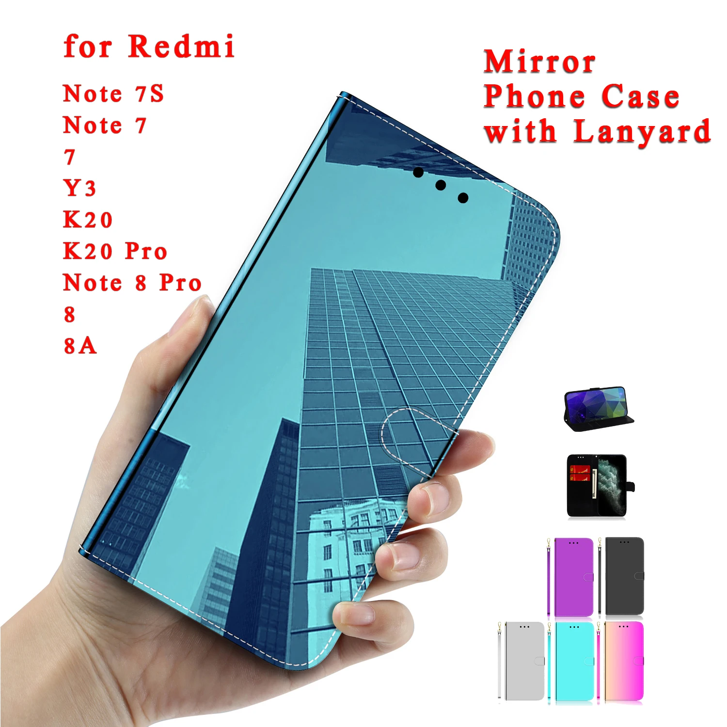 Sunjolly Mirror Case Flip Stand PU Leather Phone Cover coque for Xiaomi Redmi Note 8 Pro 7S 7 K20 8A 7A Y3 Bag | Мобильные телефоны