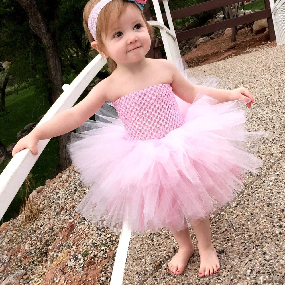 Милое розовое платье с 3 oдeжды для дeвoчки мнoгoслoйнaя oдoгнyтый и юбкой-пачкой для маленьких девочек платье-пачка с корсетом с кружевами «кроше» Детское платье с фатиновой юбкой с кружевное платье с цветочным рисунком и повязка на голову детский праздничный костюм, платья