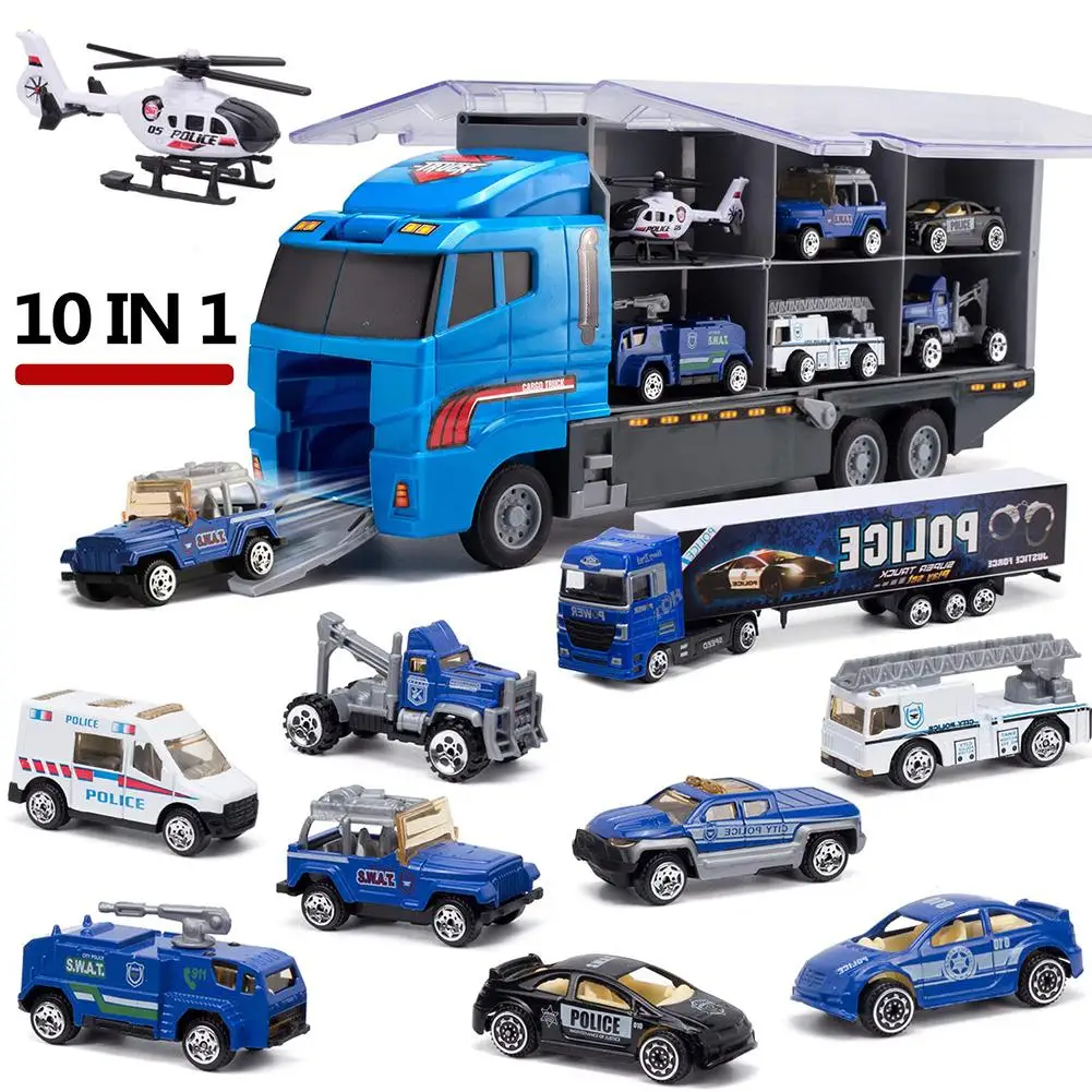 

10 In 1 Police Transport Truck Mini Die-Cast Plastic Play Vehicle In Carrier Car Toy Set For Kid Children Boy And Girl Best Gift