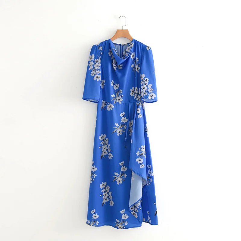 

AOEMQ Fashion Stain Dresses Vintage Lotus Leaf Wave Draped Dresses Deep Blue Flower Plum Blossom Print Floral Dresses Clothing